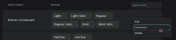 Download option in the custom font family menu